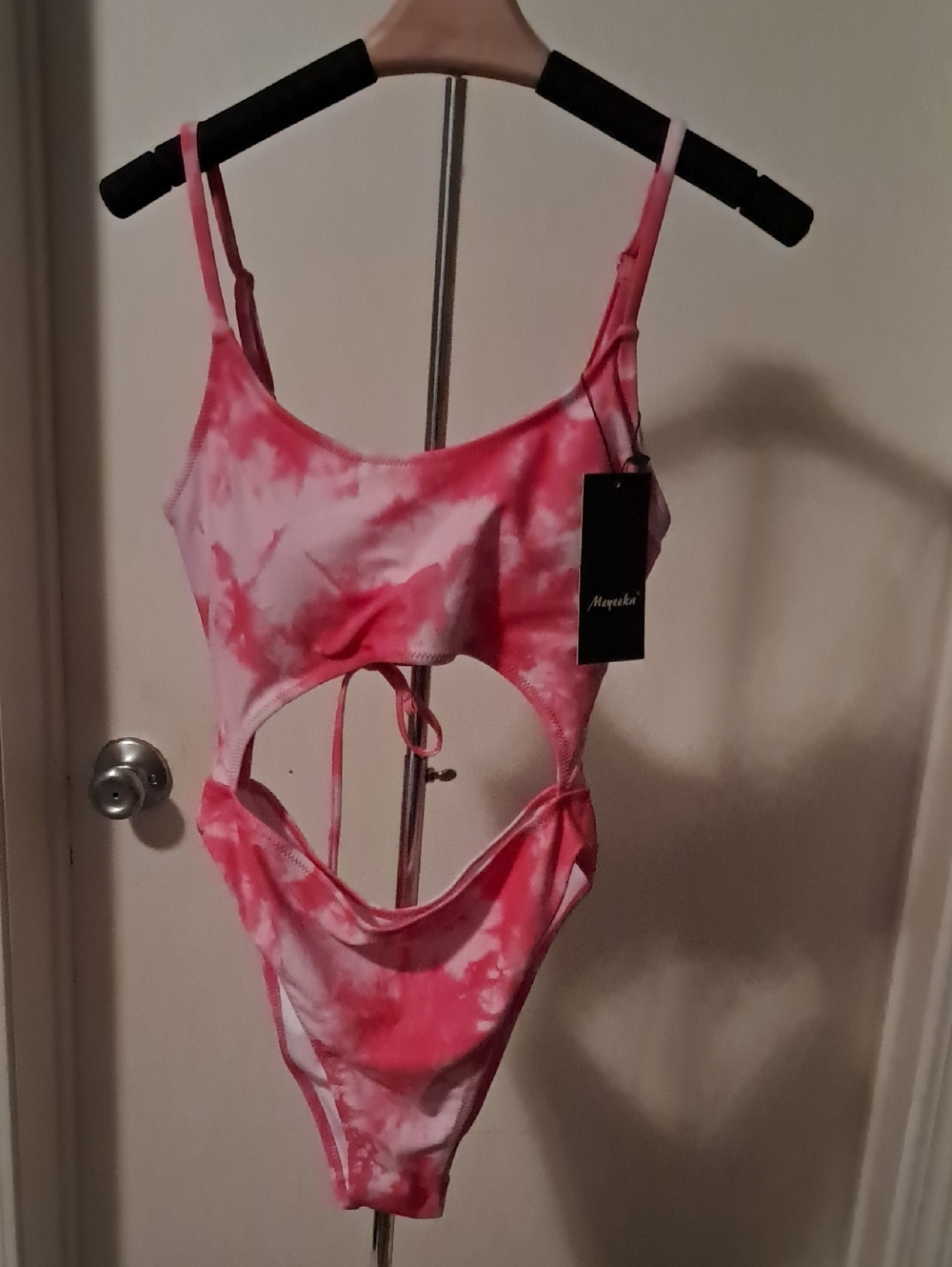 Corset Style Tie, Pink Tie-Dye Cutout One-Piece Swimsuit M/L